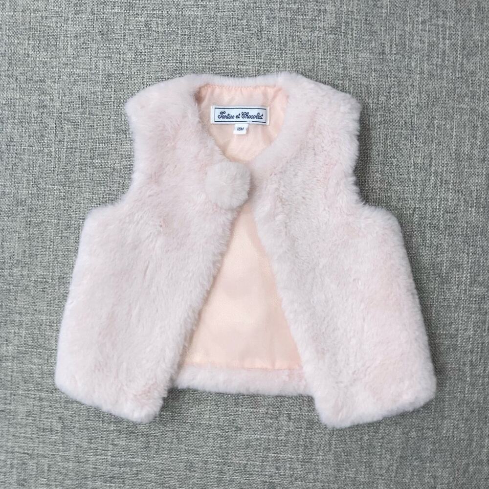 Tartine et Chocolat 18m pale pink faux fur vest EUC